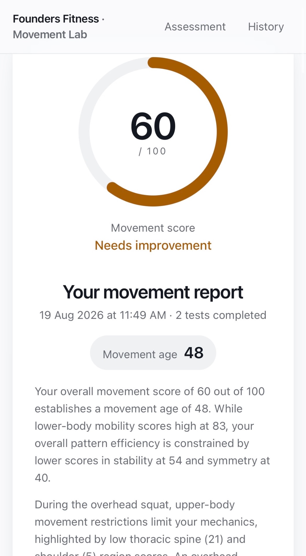 Report screen showing a movement score ring of 60 out of 100 and a movement age of 48